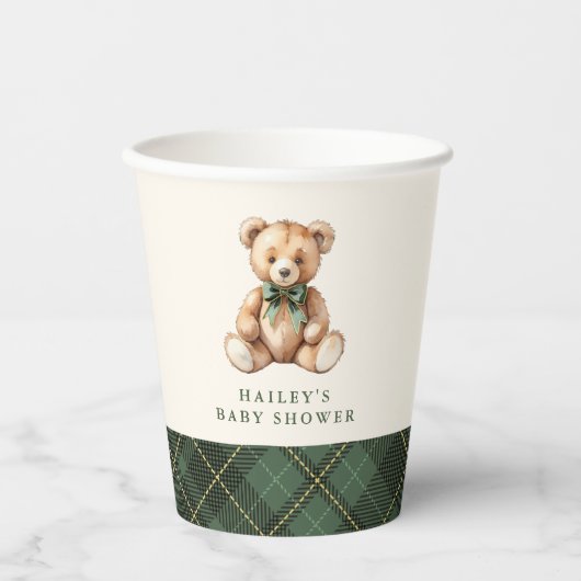 Green Plaid Classic Teddy Bear Baby Shower 紙コップ (正面)