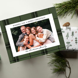 Green Plaid Custom Horizontal Photo Christmas  シーズンポストカード