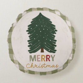 Green Plaid Merry Christmas, Rustic Farmhouse ラウンドクッション