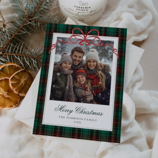 Green Plaid Red Bow Photo シーズンカード