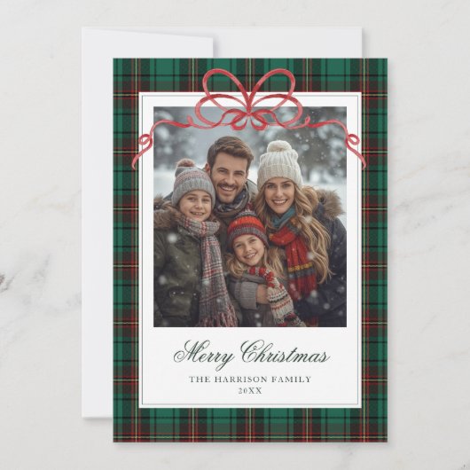 Green Plaid Red Bow Photo シーズンカード (正面)