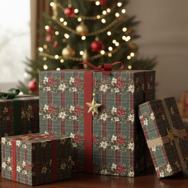 Green Plaid Red Gold Poinsettia Christmas Pattern ラッピングペーパー