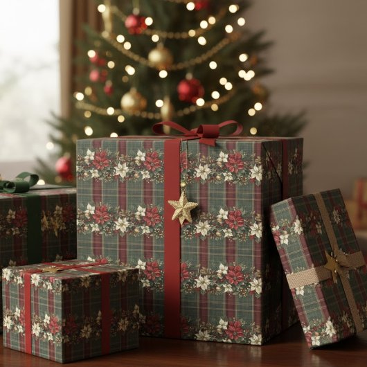 Green Plaid Red Gold Poinsettia Christmas Pattern ラッピングペーパー