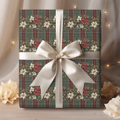 Green Plaid Red Gold Poinsettia Christmas Pattern ラッピングペーパー