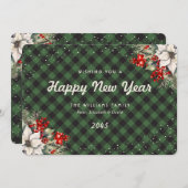 Green Plaid Snow Botanical New Year Card シーズンカード (正面/裏面)