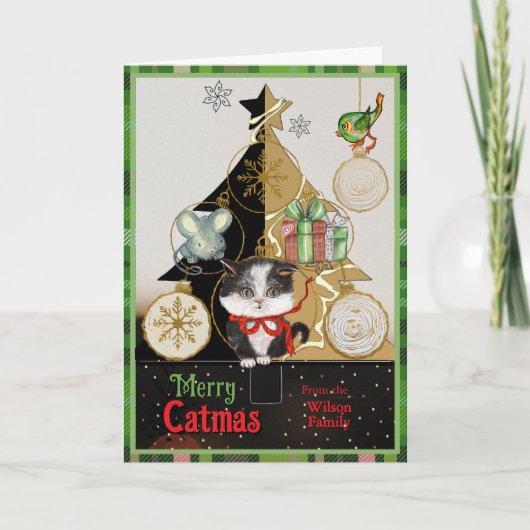 Green Plaid Split-Tree Catmas Card | Cute Kitten シーズンカード (正面)