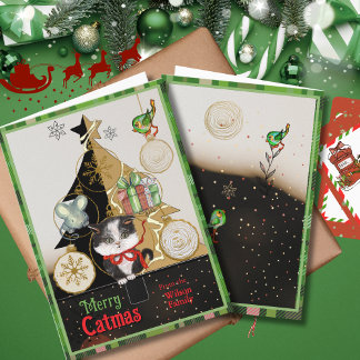 Green Plaid Split-Tree Catmas Card | Cute Kitten  シーズンカード