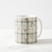 Green Plaid Stripes Burgundy Cream Flowers コーヒーマグカップ (正面右)