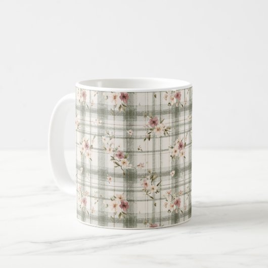 Green Plaid Stripes Burgundy Cream Flowers コーヒーマグカップ (正面左)