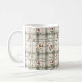 Green Plaid Stripes Burgundy Cream Flowers コーヒーマグカップ