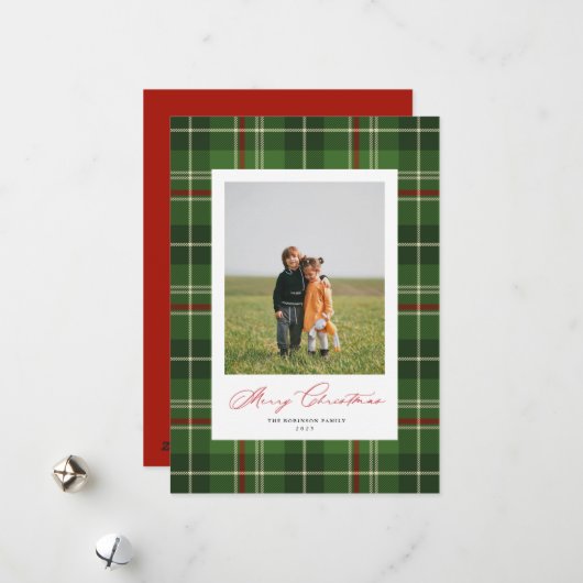 Green Plaid Tartan Classic Christmas Photo Card シーズンカード (正面/裏面インサイチュ)