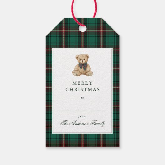 Green Plaid Teddy Bear Christmas Party ギフトタグ (正面)