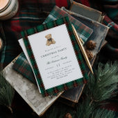 Green Plaid Teddy Bear Christmas Party 招待状