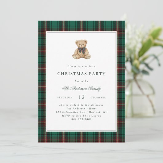 Green Plaid Teddy Bear Christmas Party 招待状 (スタンド正面)