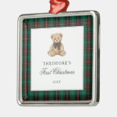 Green Plaid Teddy Bear First Christmas メタルオーナメント (左)