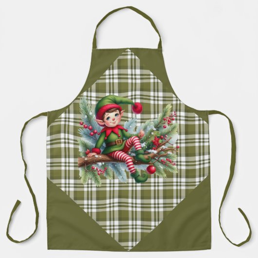 Green Plaid With a Lazy Elf on A Branch エプロン (正面)
