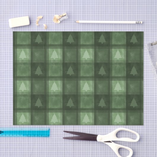 Green Plaid With Fir Tree Shapes Christmas Pattern 薄葉紙 (クラフト)