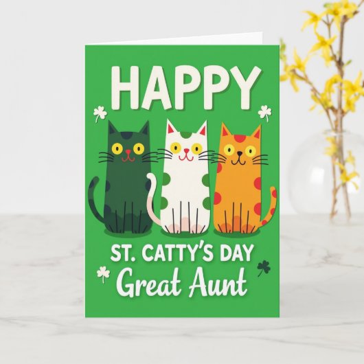 Green Polka Dots Cats Great Aunt Card カード (黄色い花)