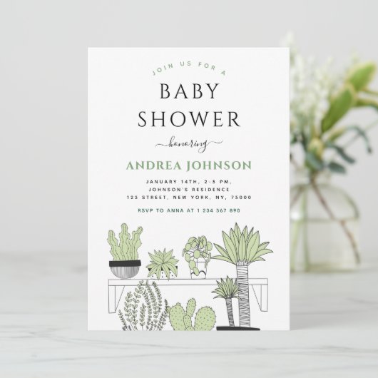 Green Potted Plants Plant Lover Baby Shower 招待状 (スタンド正面)