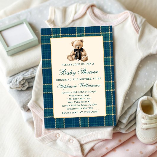 Green Preppy Plaid Vintage Teddy Bear Baby Shower 招待状