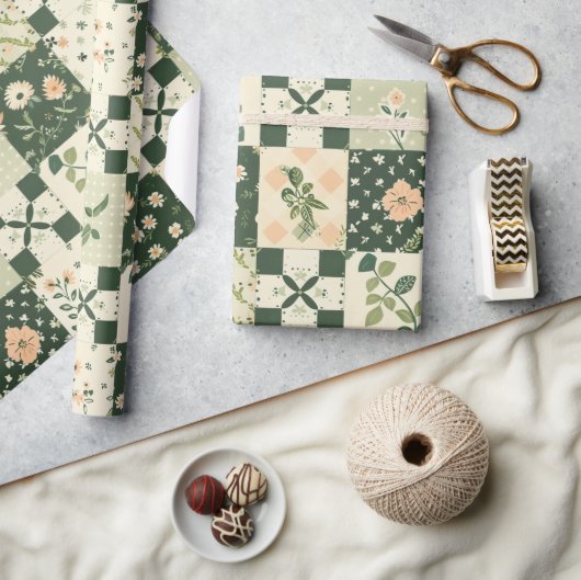 Green Quilt Patchwork Antique Plaid Geometric ラッピングペーパー (クラフト)