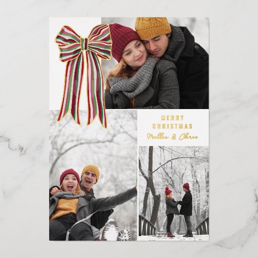 Green Red Big Striped Bow Merry Christmas Photo 箔シーズンカード (正面)