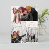 Green Red Big Striped Bow Merry Christmas Photo 箔シーズンカード (立ち正面)