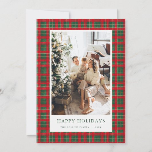 Green & Red Christmas Tartan Photo Holiday Card シーズンカード (正面)