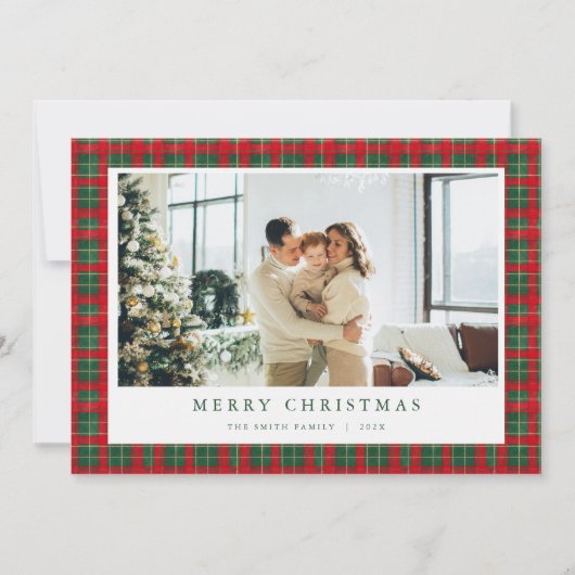 Green Red Christmas Tartan Photo Holiday Card  シーズンカード (正面)