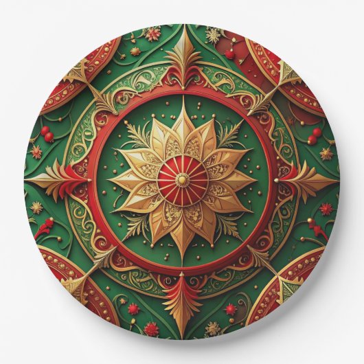 Green Red Decorative Christmas Holiday Paper Plate ペーパープレート (正面)
