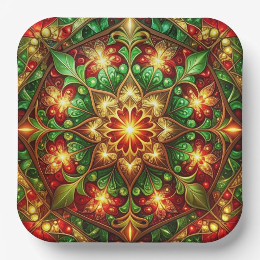 Green Red Decorative Christmas Holiday Paper Plate ペーパープレート (正面)