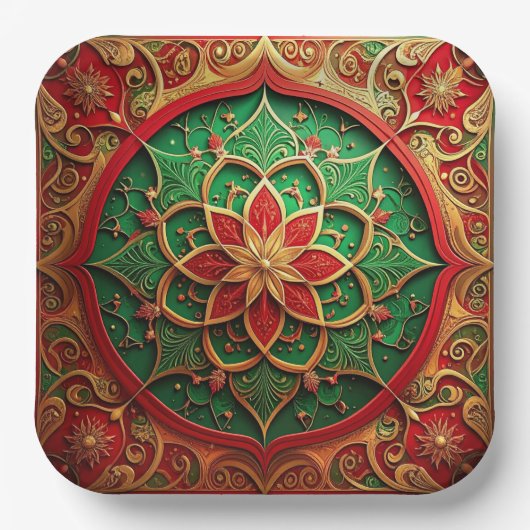Green Red Decorative Christmas Holiday Paper Plate ペーパープレート (正面)