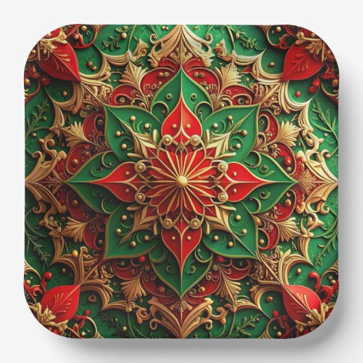 Green Red Decorative Christmas Holiday Paper Plate ペーパープレート (正面)