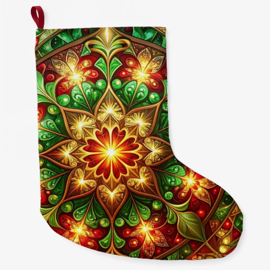 Green Red Decorative Christmas Holiday Stocking ラージクリスマスストッキング (正面)