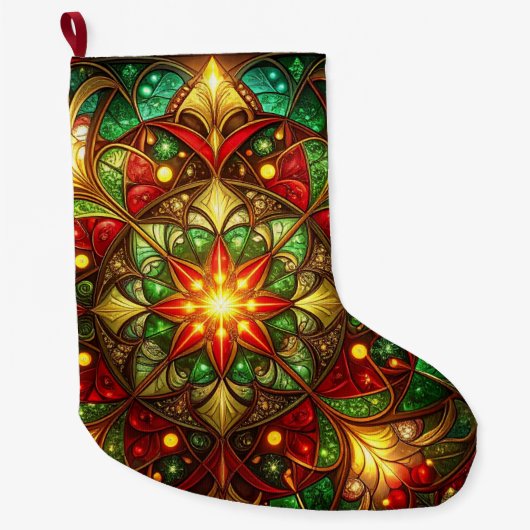 Green Red Decorative Christmas Holiday Stocking ラージクリスマスストッキング (正面)