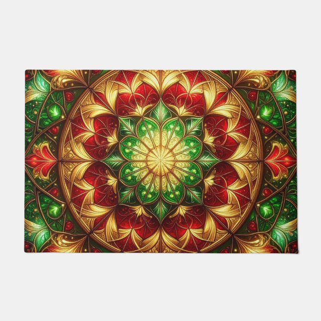 Green Red Decorative Holiday Doormat ドアマット (正面)