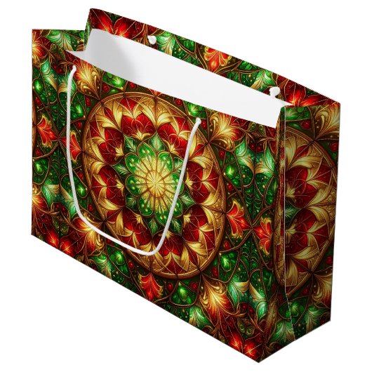 Green Red Decorative Holiday Gift Bag ラージペーパーバッグ (正面アングル)