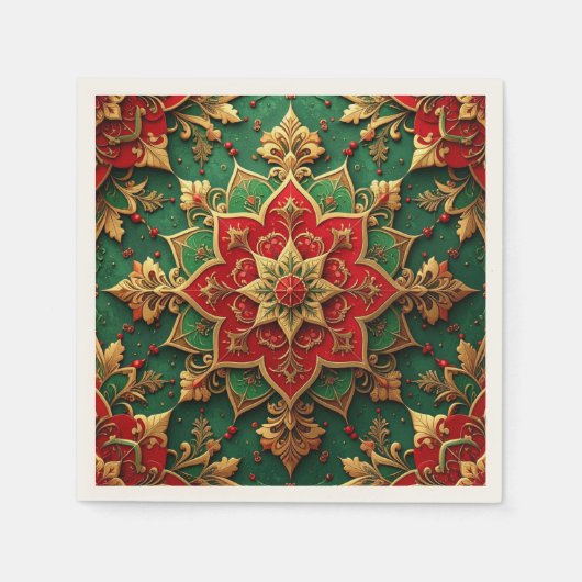Green Red Decorative Holiday Napkin スタンダードカクテルナプキン (正面)