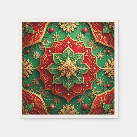 Green Red Decorative Holiday Napkin スタンダードカクテルナプキン (正面)