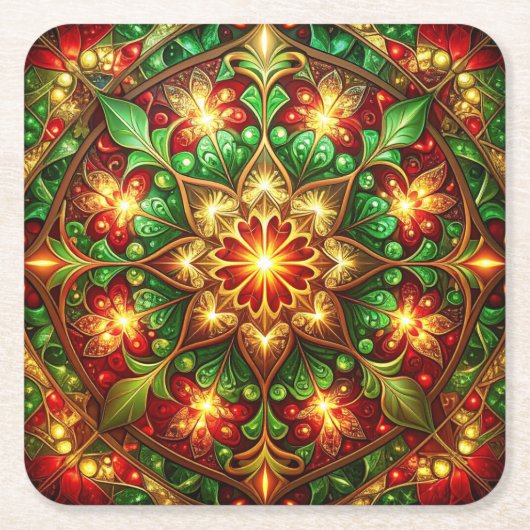 Green Red Decorative Holiday Paper Coaster スクエアペーパーコースター (正面)