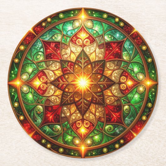 Green Red Decorative Holiday Paper Coaster ラウンドペーパーコースター (正面)
