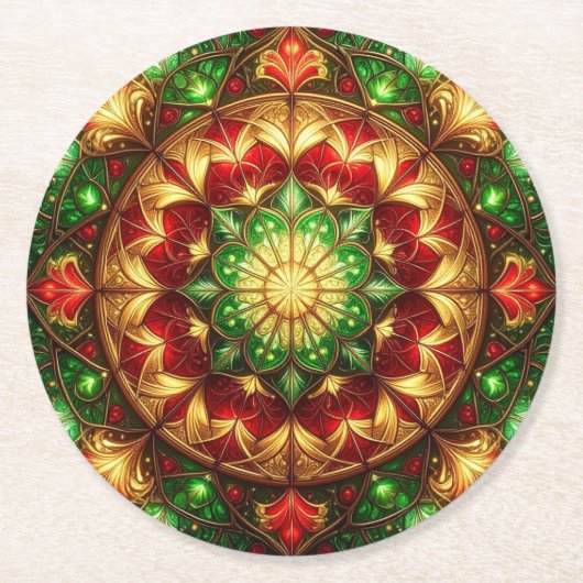Green Red Decorative Holiday Paper Coaster ラウンドペーパーコースター (正面)