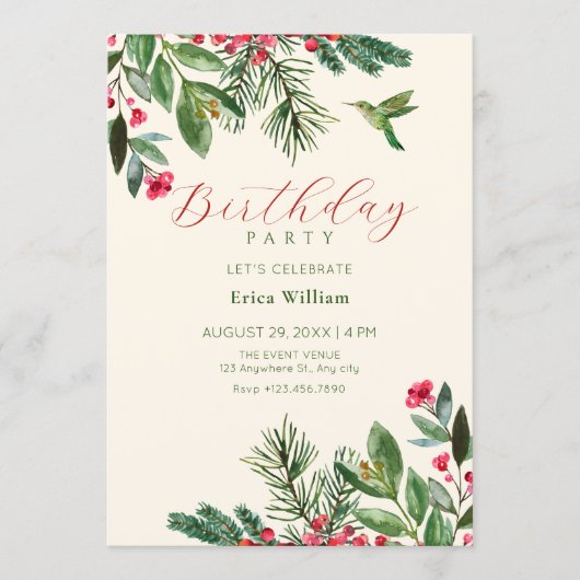 Green red floral birthday 招待状 (正面)