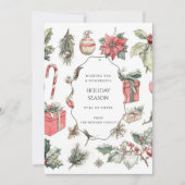 Green Red Floral Whimsical Watercolor Holiday Card (正面)