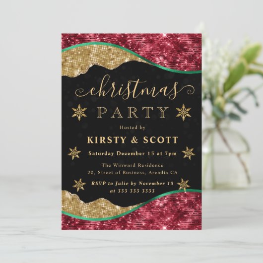 Green, Red & Gold Snowflake Christmas Party 招待状 (スタンド正面)