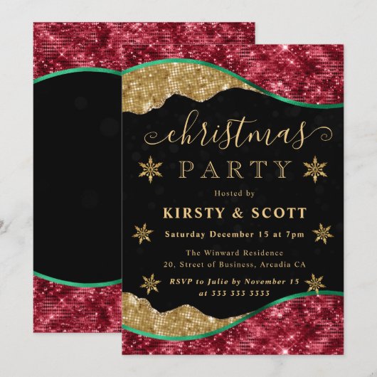 Green, Red & Gold Snowflake Christmas Party 招待状 (正面/裏面)