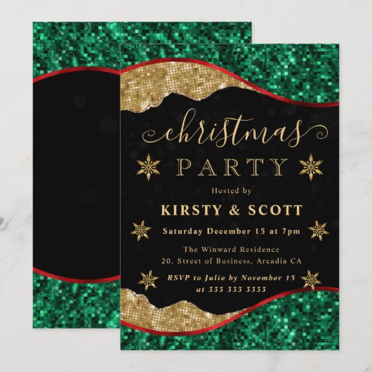 Green, Red & Gold Snowflake Christmas Party 招待状 (正面/裏面)