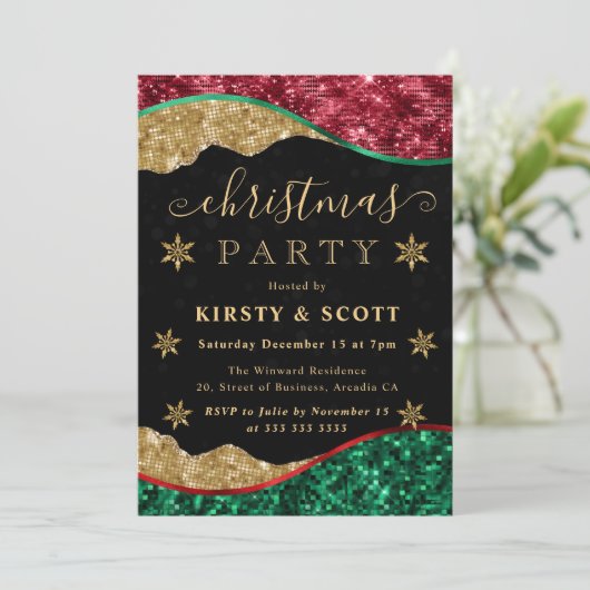 Green, Red & Gold Snowflake Christmas Party 招待状 (スタンド正面)