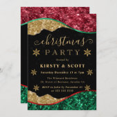 Green, Red & Gold Snowflake Christmas Party 招待状 (正面/裏面)