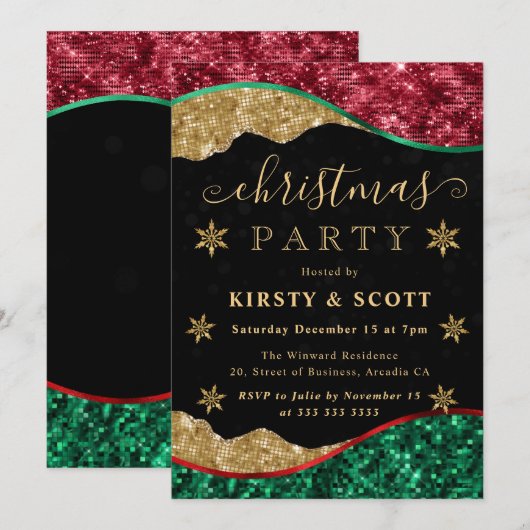 Green, Red & Gold Snowflake Christmas Party 招待状 (正面/裏面)